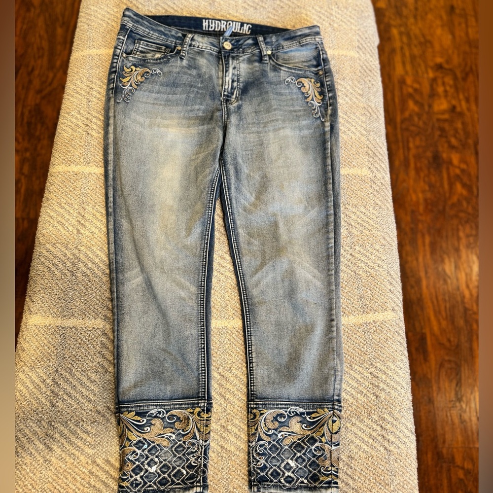Hydraulic Blue Jeans with Gold Embroidery
